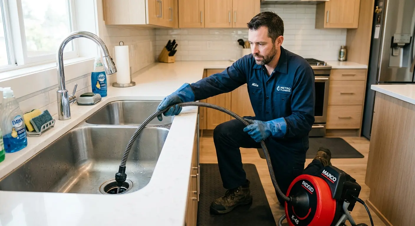 Drain cleaning technician using a motorized snake on a kitchen sink in Ione