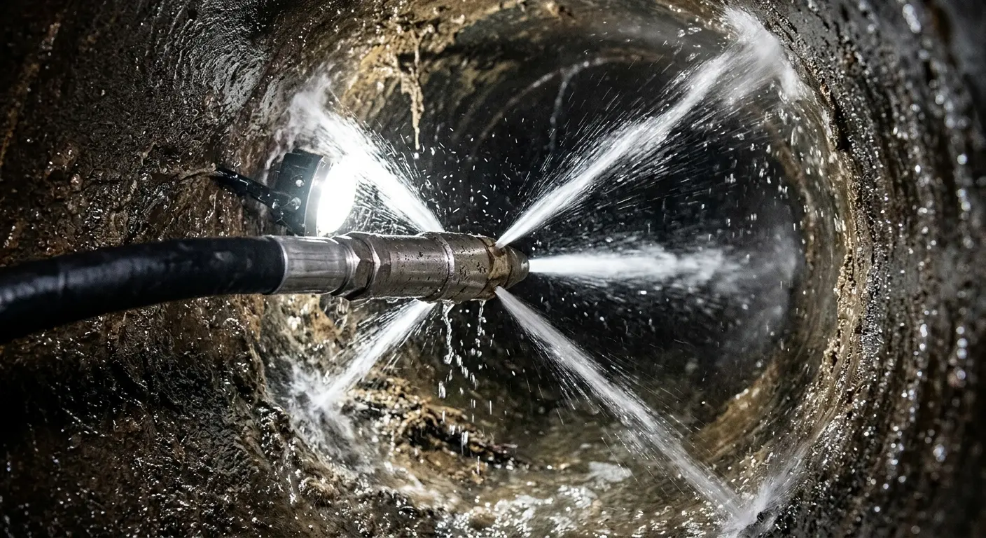 High-pressure hydro jetting nozzle cleaning sewer pipe for Emergency Drain Service in Ione