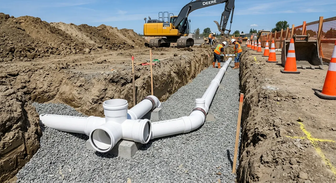 New PVC sewer pipe installation in open trench for Sewer Backup in Ione