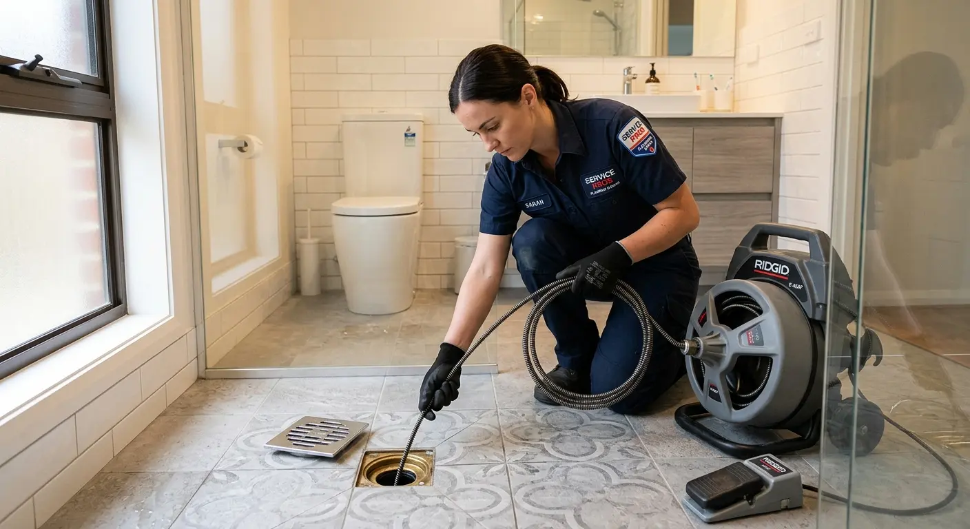 Technician clearing a bathroom floor drain for Hydro Jetting in Ione